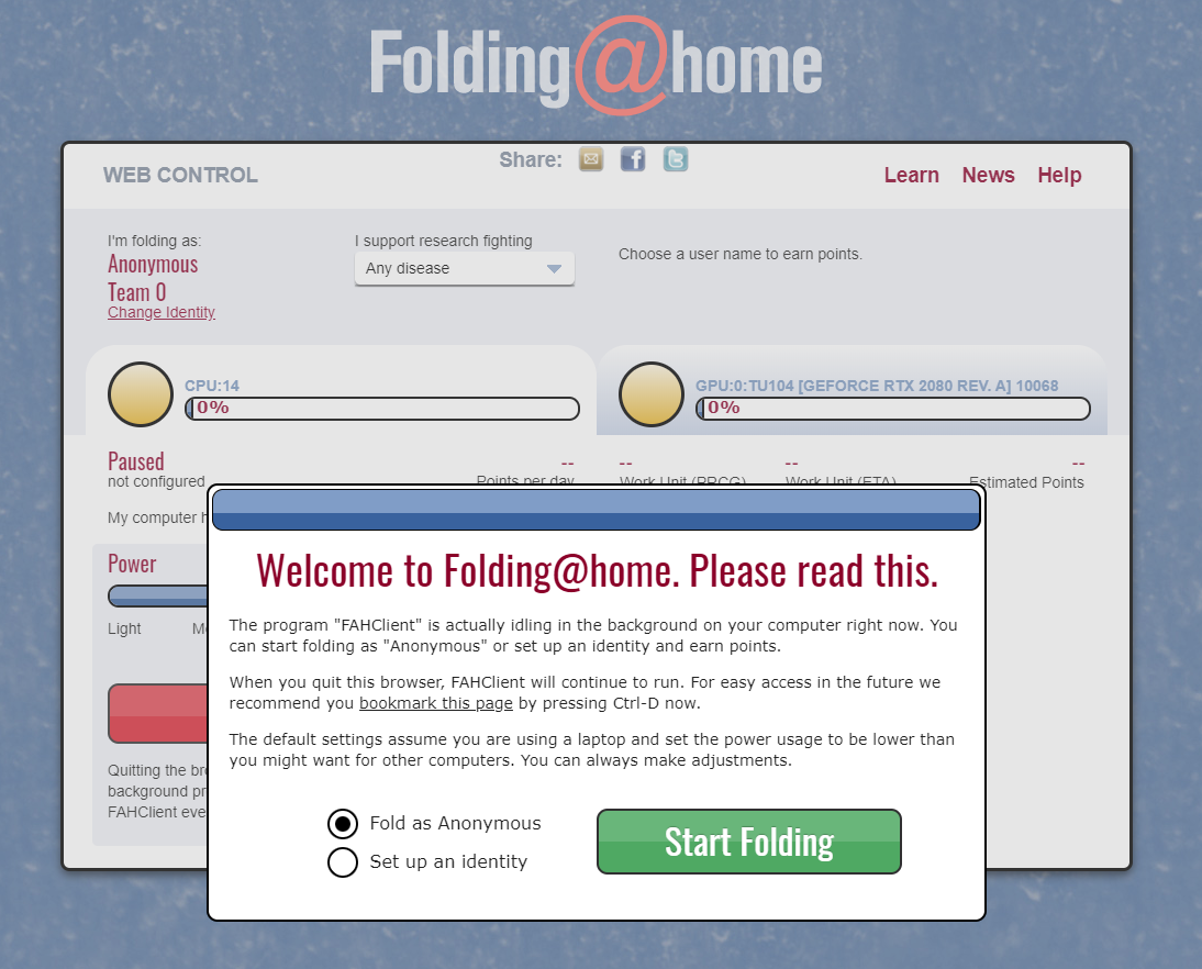 Úvodná obrazovka klienta Folding@Home